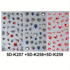 5D Halloween Nail Stickers Decals - Spider Centipede Web Red Eye