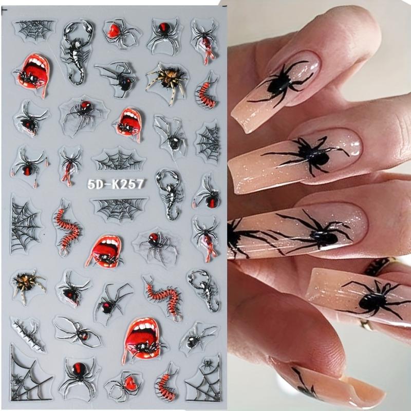 5D Halloween Nail Stickers Decals - Spider Centipede Web Red Eye