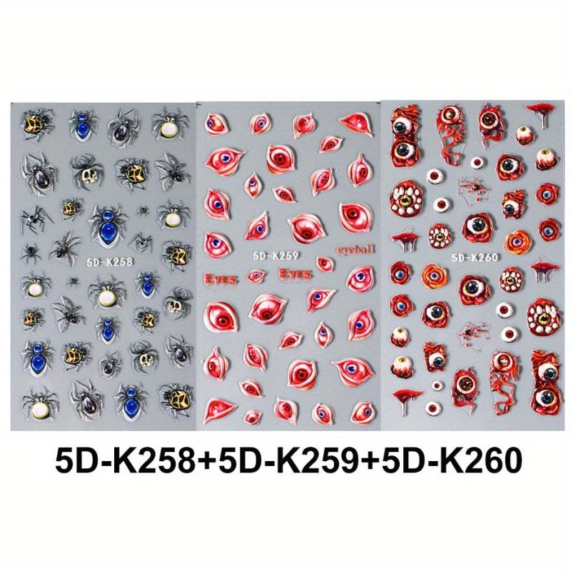 5D Halloween Nail Stickers Decals - Spider Centipede Web Red Eye