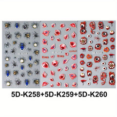 5D Halloween Nail Stickers Decals - Spider Centipede Web Red Eye