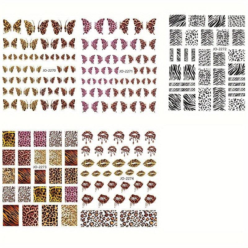 6 Sheets 3D Leopard Print Nail Art Stickers Self Adhesive Butterfly Decals
