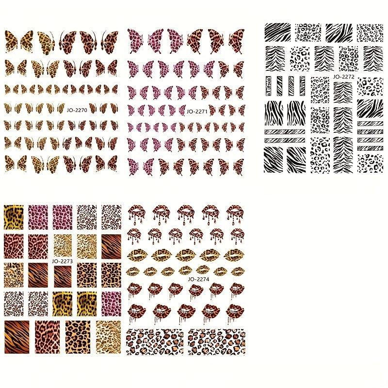 6 Sheets 3D Leopard Print Nail Art Stickers Self Adhesive Butterfly Decals