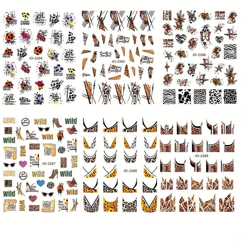 6 Sheets 3D Leopard Print Nail Art Stickers Self Adhesive Butterfly Decals
