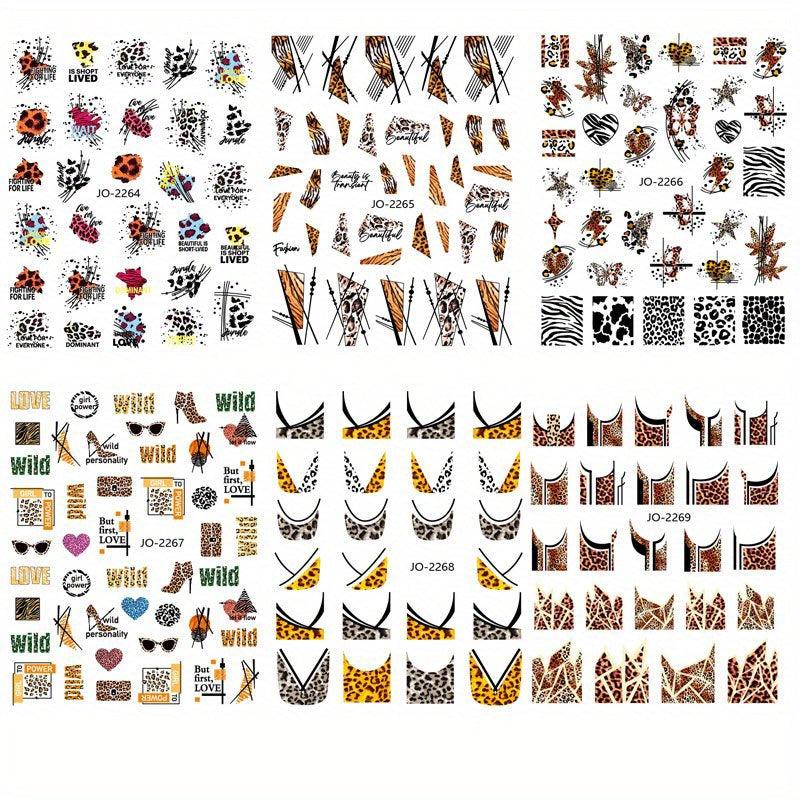 6 Sheets 3D Leopard Print Nail Art Stickers Self Adhesive Butterfly Decals