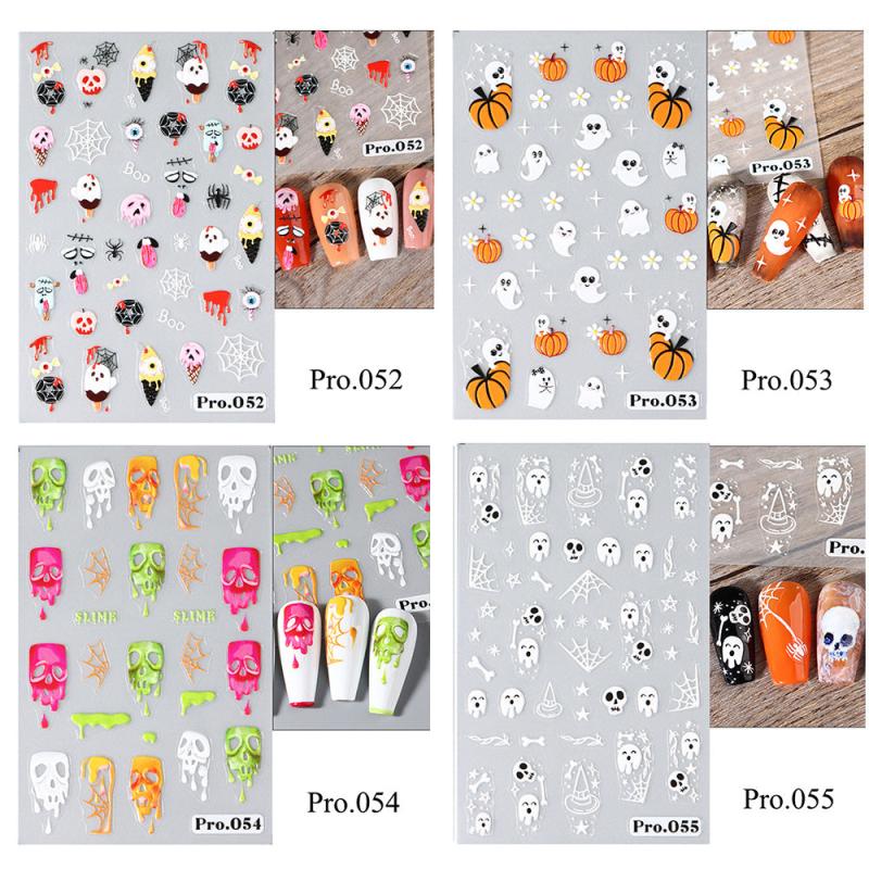 4pcs 5D Halloween Nail Art Stickers Pumpkin Ghost Skull Spider Web Nail Decals