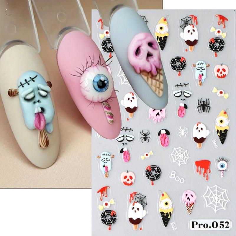 4pcs 5D Halloween Nail Art Stickers Pumpkin Ghost Skull Spider Web Nail Decals