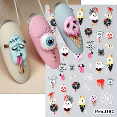 4pcs 5D Halloween Nail Art Stickers Pumpkin Ghost Skull Spider Web Nail Decals