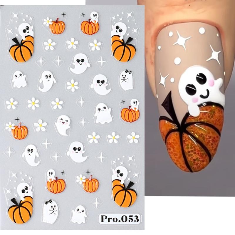 4pcs 5D Halloween Nail Art Stickers Pumpkin Ghost Skull Spider Web Nail Decals