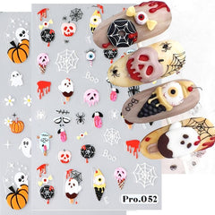 4pcs 5D Halloween Nail Art Stickers Pumpkin Ghost Skull Spider Web Nail Decals