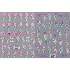 2 Sheets 5D Embossed Rose Tulip Decal Self Adhesive Flower Nail Art Stickers