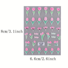 2 Sheets 5D Embossed Rose Tulip Decal Self Adhesive Flower Nail Art Stickers