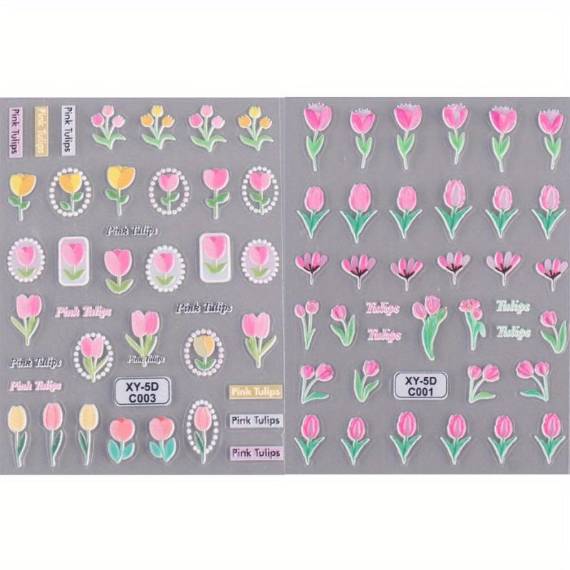 2 Sheets 5D Embossed Rose Tulip Decal Self Adhesive Flower Nail Art Stickers