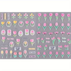 2 Sheets 5D Embossed Rose Tulip Decal Self Adhesive Flower Nail Art Stickers