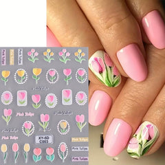 2 Sheets 5D Embossed Rose Tulip Decal Self Adhesive Flower Nail Art Stickers
