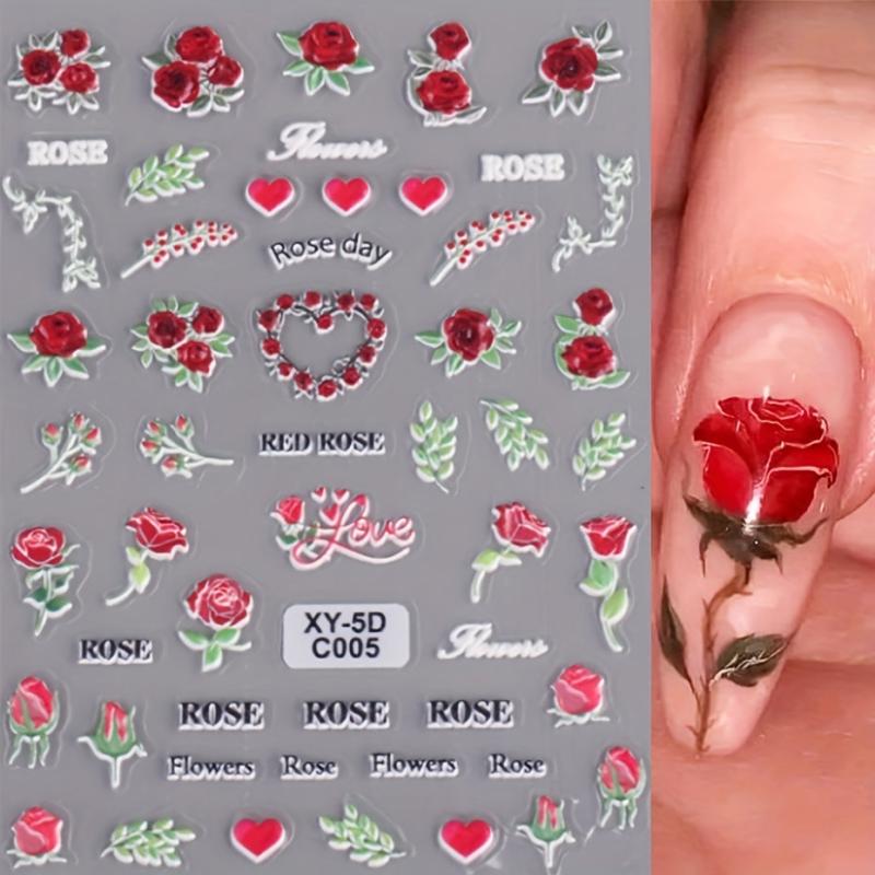 2 Sheets 5D Embossed Rose Tulip Decal Self Adhesive Flower Nail Art Stickers