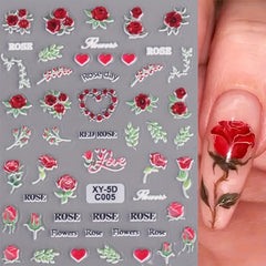 2 Sheets 5D Embossed Rose Tulip Decal Self Adhesive Flower Nail Art Stickers