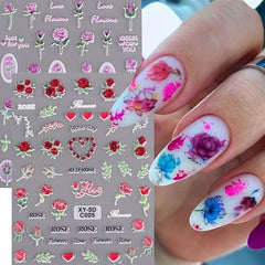 2 Sheets 5D Embossed Rose Tulip Decal Self Adhesive Flower Nail Art Stickers