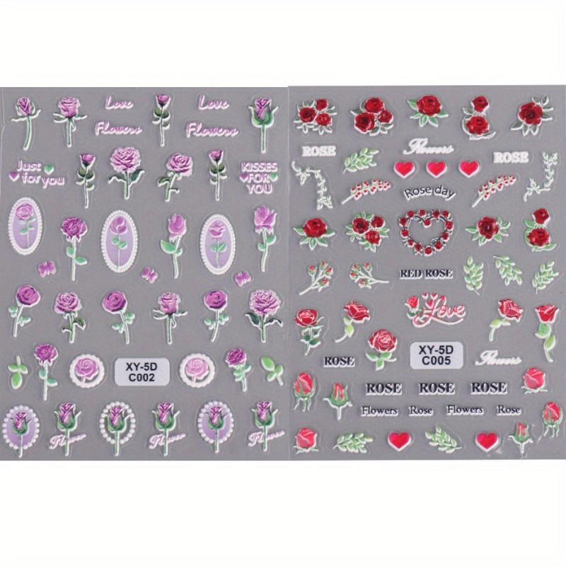 2 Sheets 5D Embossed Rose Tulip Decal Self Adhesive Flower Nail Art Stickers