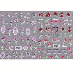 2 Sheets 5D Embossed Rose Tulip Decal Self Adhesive Flower Nail Art Stickers