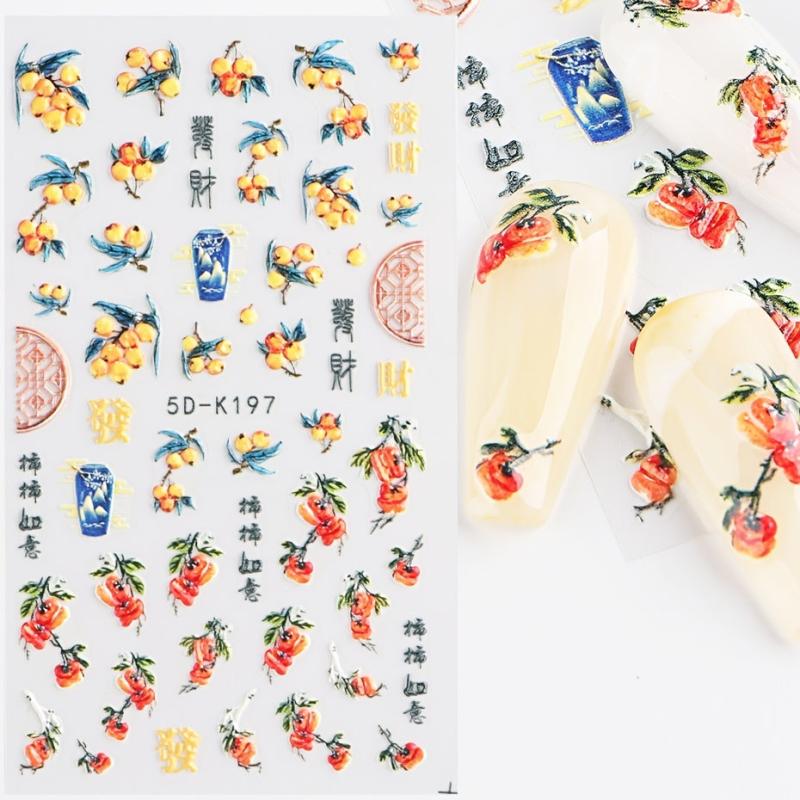 5D Embossed Pink Peach Blossom Nail Art Stickers for Manicure