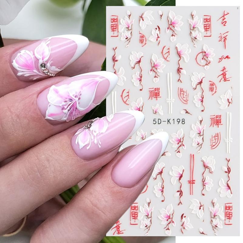 5D Embossed Pink Peach Blossom Nail Art Stickers for Manicure