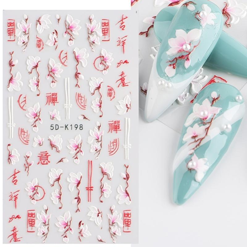 5D Embossed Pink Peach Blossom Nail Art Stickers for Manicure