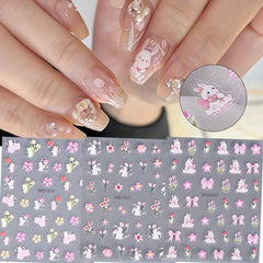 5D Flower Nail Art Stickers Embossed Rabbits Self Adhesive Decals