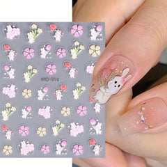 5D Flower Nail Art Stickers Embossed Rabbits Self Adhesive Decals