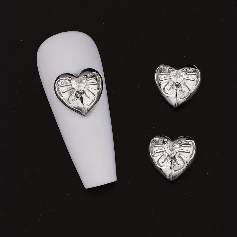 3D Silver Nail Art Charms Rhinestones Zircon Heart Shaped Nail Accessories