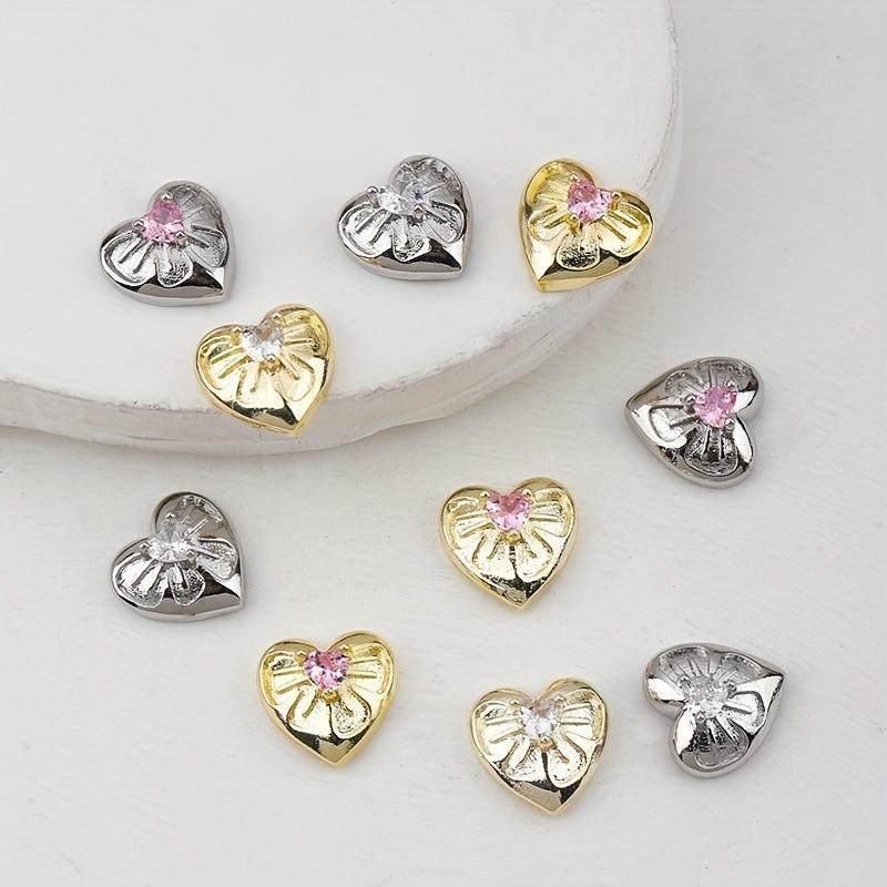 3D Silver Nail Art Charms Rhinestones Zircon Heart Shaped Nail Accessories