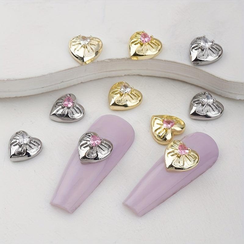 3D Silver Nail Art Charms Rhinestones Zircon Heart Shaped Nail Accessories