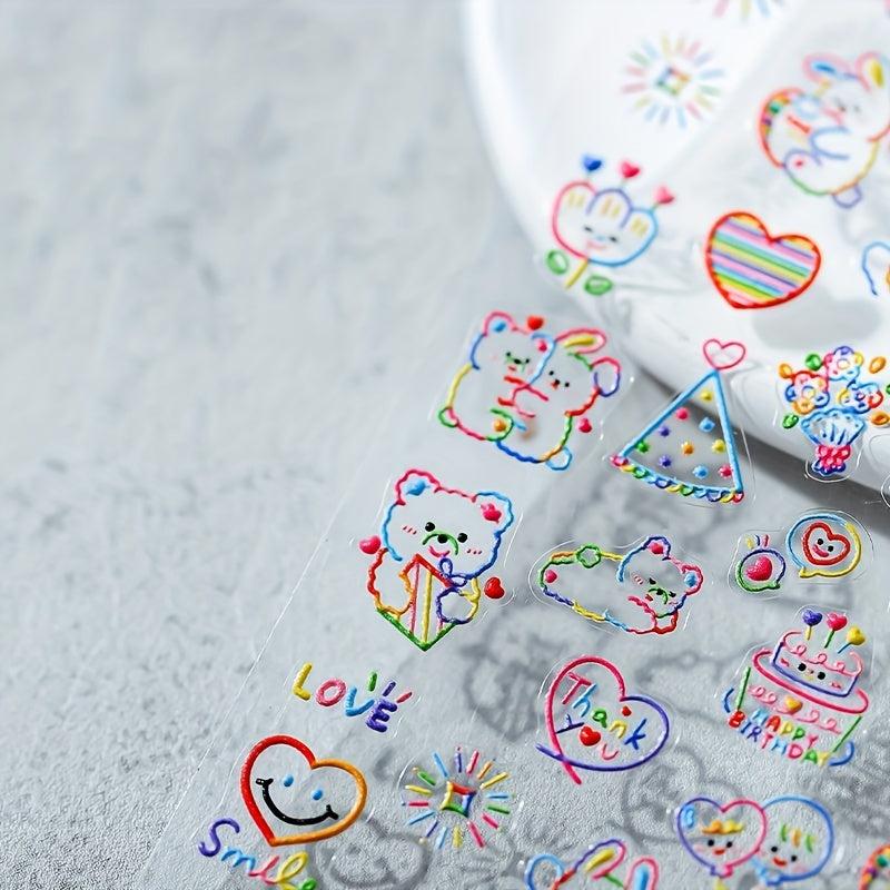 5D Embossed Bear Nail Art Stickers - Colorful Bear Heart Decals