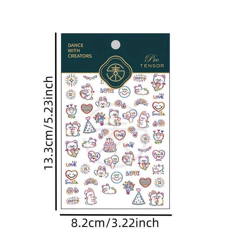 5D Embossed Bear Nail Art Stickers - Colorful Bear Heart Decals