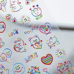 5D Embossed Bear Nail Art Stickers - Colorful Bear Heart Decals