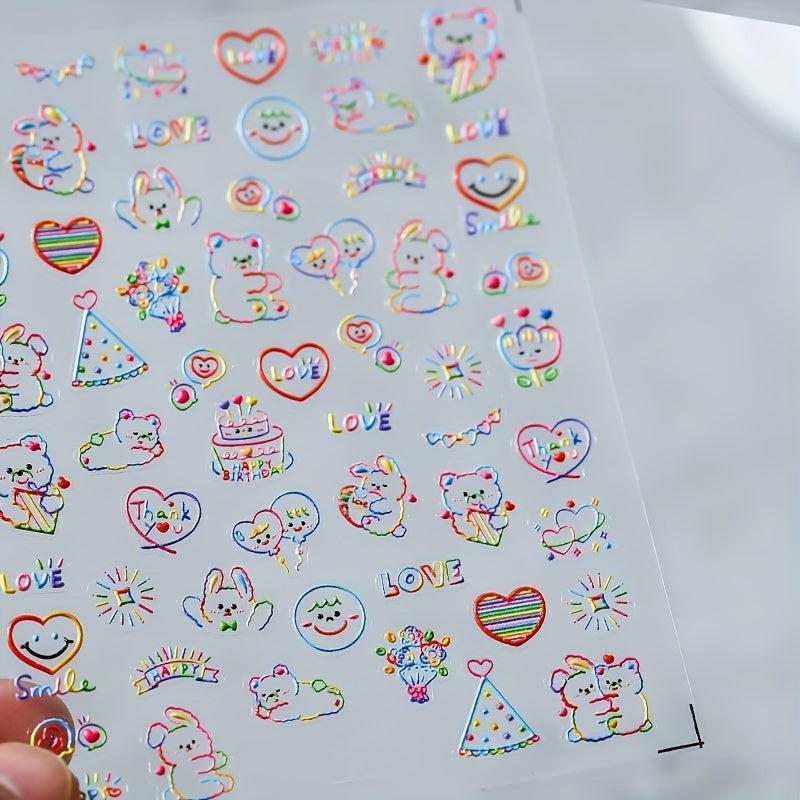 5D Embossed Bear Nail Art Stickers - Colorful Bear Heart Decals
