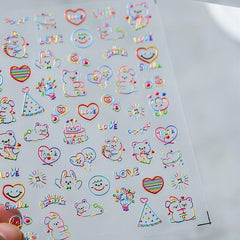 5D Embossed Bear Nail Art Stickers - Colorful Bear Heart Decals