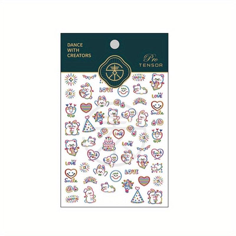 5D Embossed Bear Nail Art Stickers - Colorful Bear Heart Decals