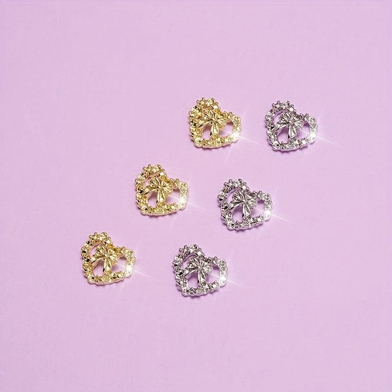 10 Pcs 3D Alloy Heart Bow Nail Charms Metal Hollow Heart Nail Gems