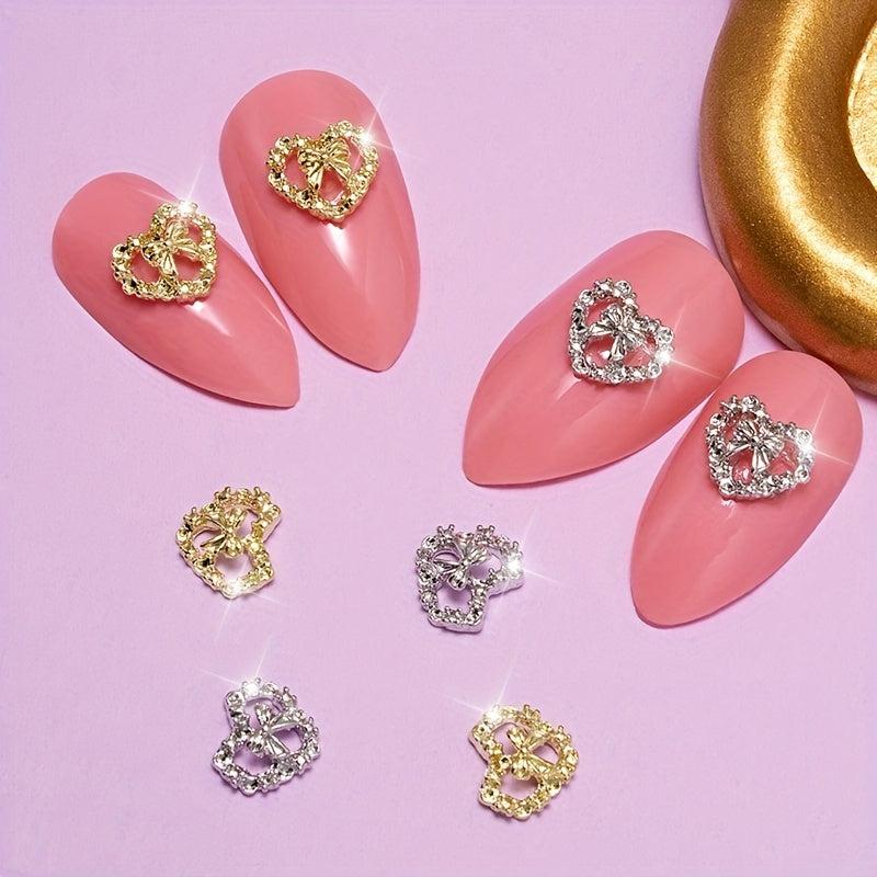 10 Pcs 3D Alloy Heart Bow Nail Charms Metal Hollow Heart Nail Gems