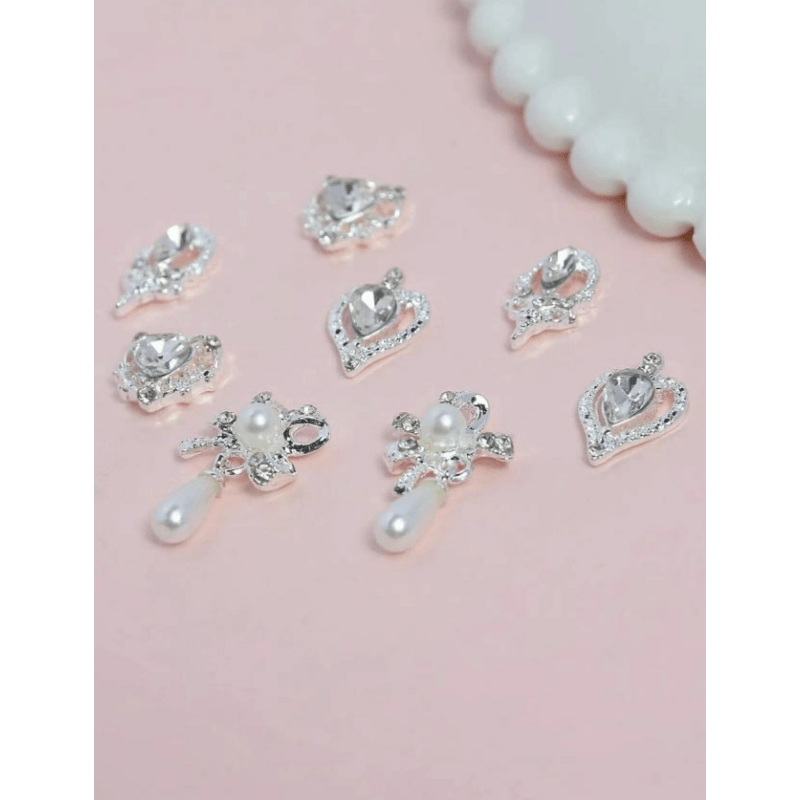 8 pcs 3D Crystal Nail Charms Silver Metal Nail Art DIY Craft Jewelry