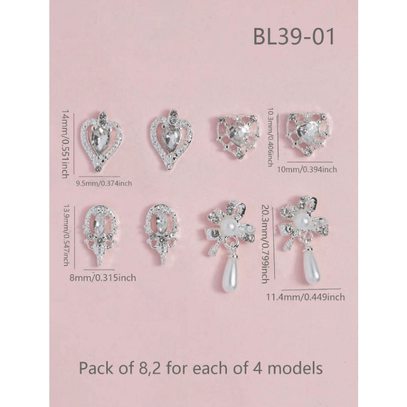 8 pcs 3D Crystal Nail Charms Silver Metal Nail Art DIY Craft Jewelry
