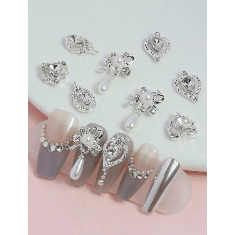 8 pcs 3D Crystal Nail Charms Silver Metal Nail Art DIY Craft Jewelry
