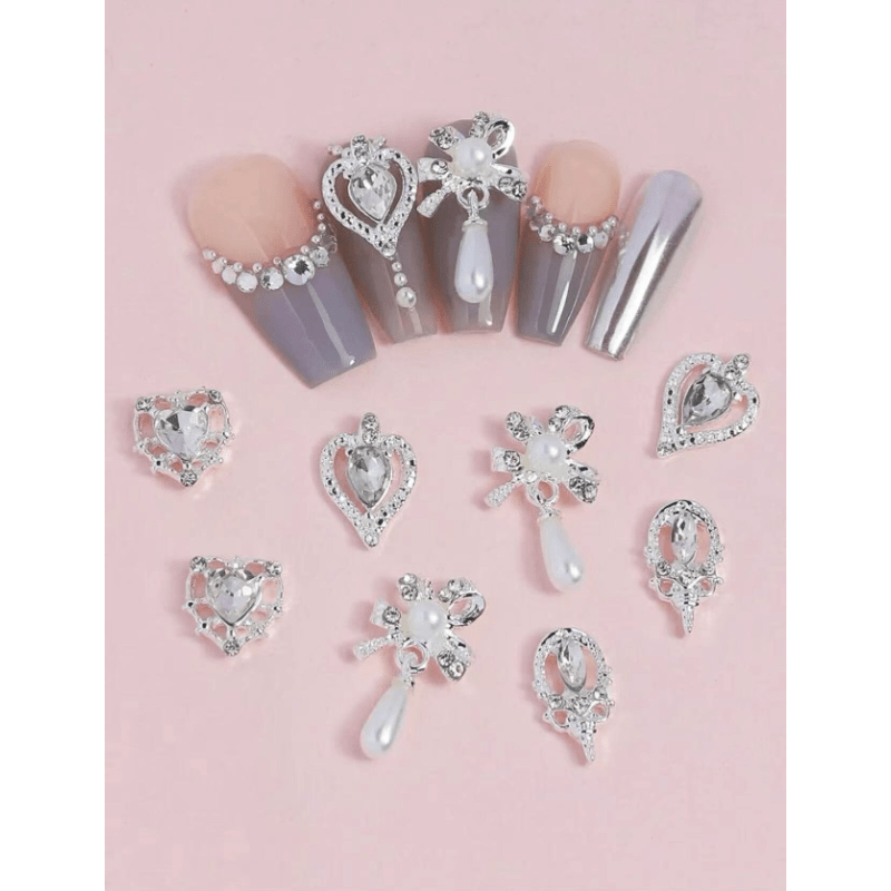 8 pcs 3D Crystal Nail Charms Silver Metal Nail Art DIY Craft Jewelry