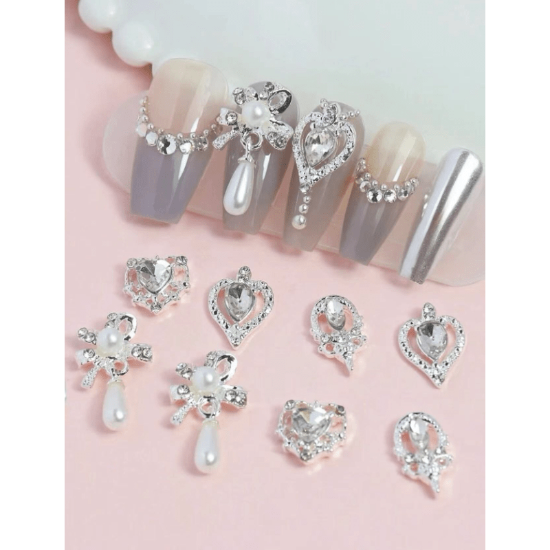 8 pcs 3D Crystal Nail Charms Silver Metal Nail Art DIY Craft Jewelry