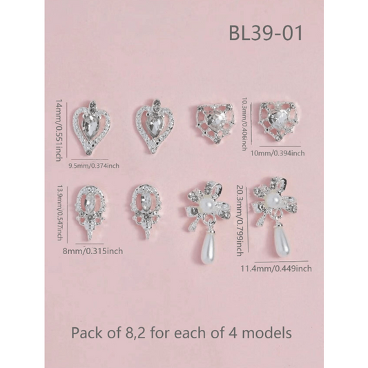 8 pcs 3D Crystal Nail Charms Silver Metal Nail Art DIY Craft Jewelry