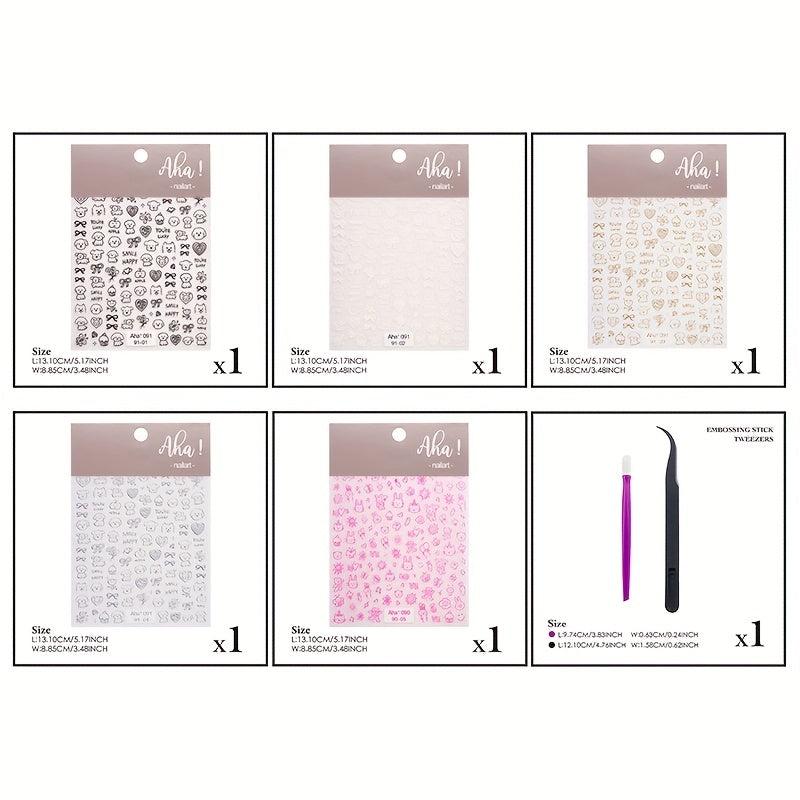 5pcs 5D Cartoon Nail Art Stickers Dog Rabbit Nail Decals DIY Nail Salons