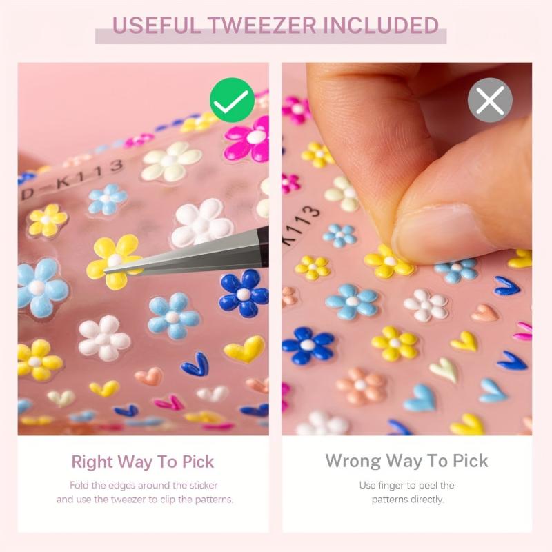 5D Embossed Daisy Nail Art Stickers With Tweezers