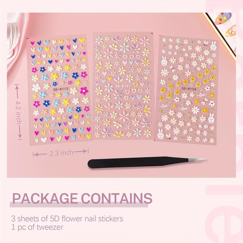 5D Embossed Daisy Nail Art Stickers With Tweezers