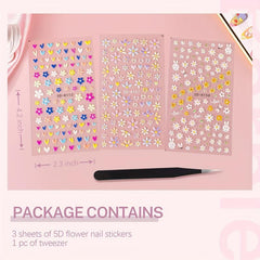 5D Embossed Daisy Nail Art Stickers With Tweezers