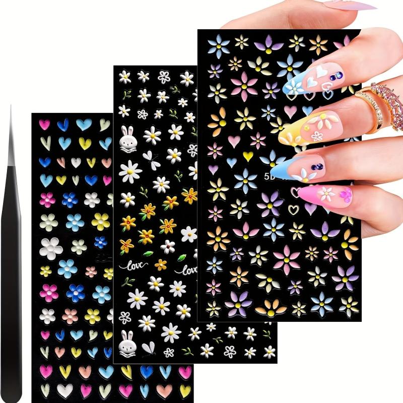5D Embossed Daisy Nail Art Stickers With Tweezers